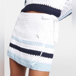 The Upside White Crochet Mini Skirt with Navy & Light Blue Stripes